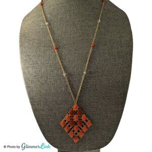 Long Orange Diamond Rhombus Shaped Pendant Stations Gold Tone Necklace